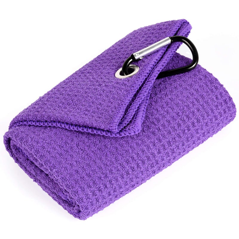 Mile High Life Tri-fold Golf Towel | 16" X 24" | Premium Microfiber Fabric | Waffle Pattern | with Heavy Duty Carabiner Clip | for Men and Women (Purple) - Image 1